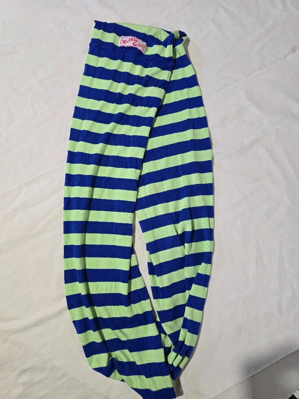 Ruffle Girl Infinity Scarf – Blue and Lime Green Striped – Lightweight Accessory